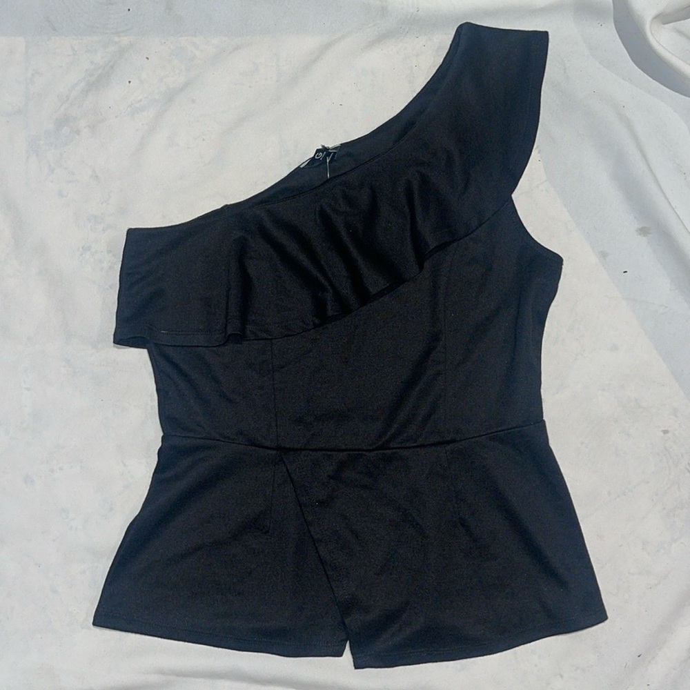 New Guess Off One Shoulder Ruffle Stretch Black Top Blouse L